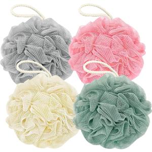 Rnoafmu Shower Loofah Bath Sponge, 60G Loofah Exfoliating Body Scrubber, 4 Color Mesh Shower Pouf Balls for Body Wash (Pink Green White Gray)