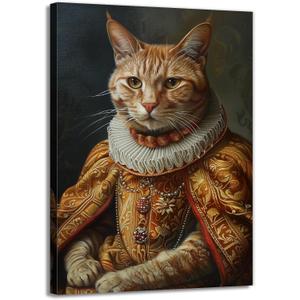 Cat Canvas Wall Art Medieval Renaissance Cats Picture Wall Decor Cute Animal Wall Decor Vintage Painting Framed Artwork Home Decor(Artwork-1,16"x24")