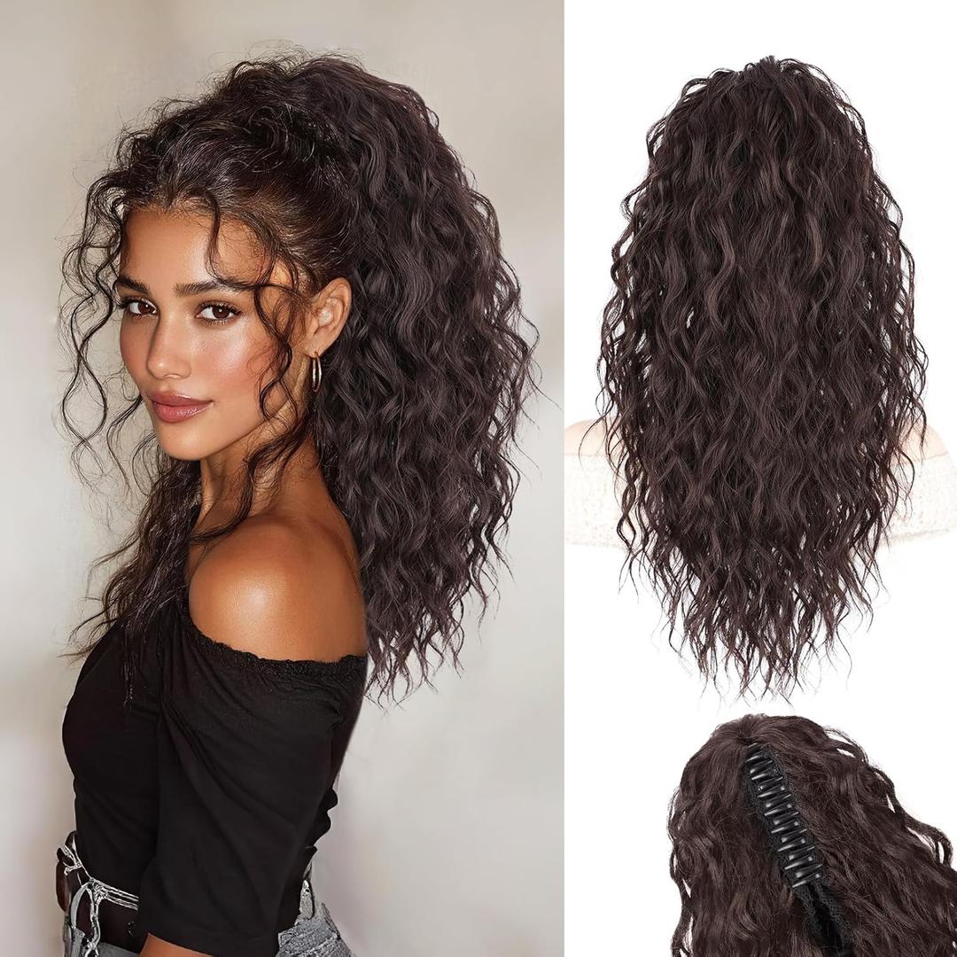Stamped Glorious Brown Ponytail Extension 18" Curly Wavy Pony Tail Claw Multi Layered Clip on Ponytail Extension Fluffy Natural Looking Synthetic Hair Piece for Women (Dark Brown)