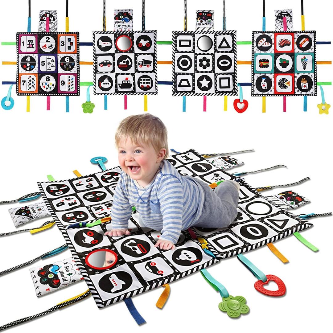 teytoy Tummy Time Floor Mirror, Double High Contrast Play and Pat Activity Mat Black and White Baby Crinkle Toys with Teether, Great Gift for Infants Boys and Girls -Pack of 4
