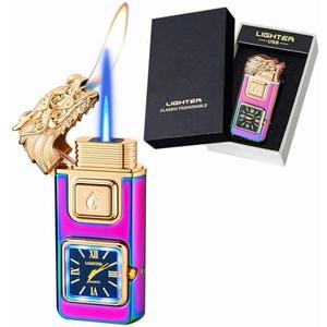 Torch Lighter, Smart Voice-Control Magic Dual Flame Dragon Lighter, Windproof with Visible Fuel Tank, Adjustable Flame Refillable Butane Lighters for Men Friends Gifts (Without Butane)-Rainbow-D
