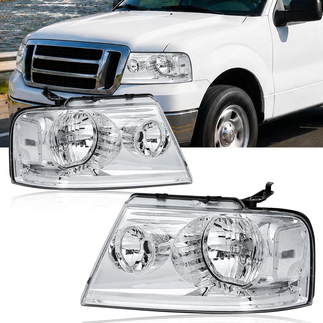 Headlights for 2004-2008 Ford F150 / 2006-2008 Lincoln Mark LT Pair Front Lights Replacement Headlamps Chrome Housing Clear Reflector