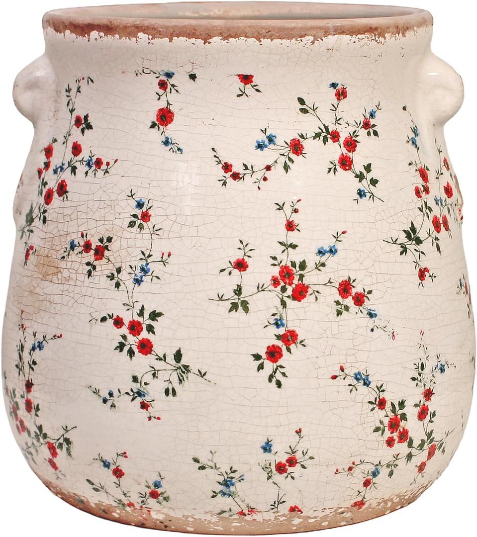 Xiaan Jiaju Ceramic Vases for Centerpieces, Shabby Chic Vase & Flower Pot with Drainage, Country Chic Decor for Office Room Garden Balcony Mantel Fireplace Table & Shelf, Red Floral