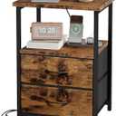 Fixwal Night Stand with Charging Station, Nightstand with Fabric Drawers, Bedside Table with Storage for Bedroom, Rustic Brown