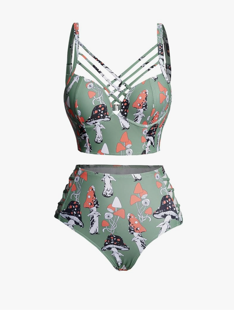 DRESSFO Gothic Galaxy Skull Print Bikini Set Retro Vintage Tummy Control Two Piece Tankini, Size L