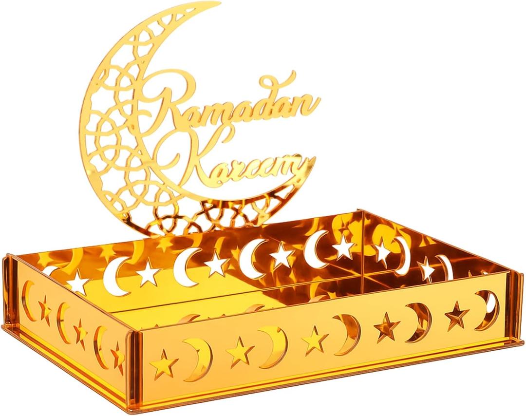 DoubleFill Ramadan Serving Tray Gold Eid Mubarak Holder Al-fitr Home Decoration for Moon Star Tray Gold Container for Home Islamic Muslim Party Tableware Kitchen Dessert Food Storage(Ramadan Kareem)