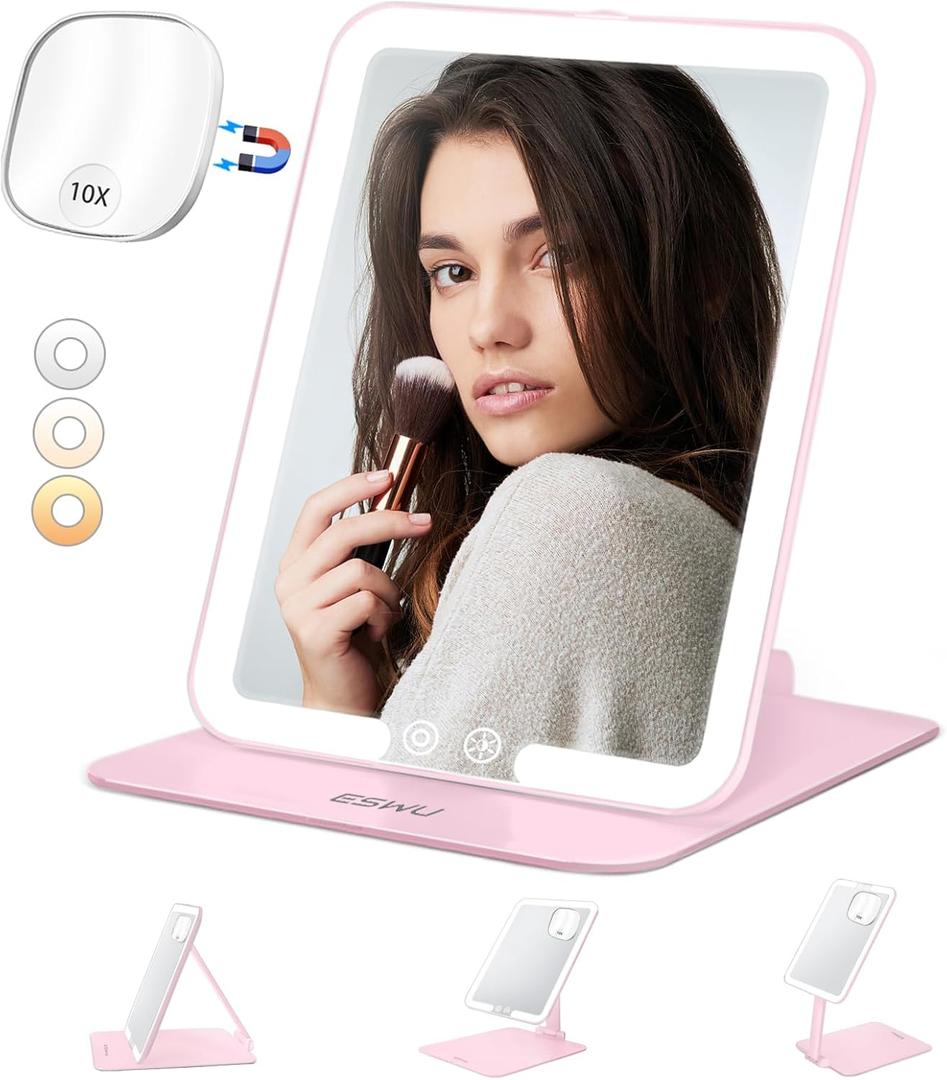 ESWU Travel Makeup Mirror with Light, Portable Folding Make Up Tabletop Mirrors with 10X Magnifying Mirror Rechargable 3 Colors Light Compact Vanity Mirror with Adjustable Stand (Pink)