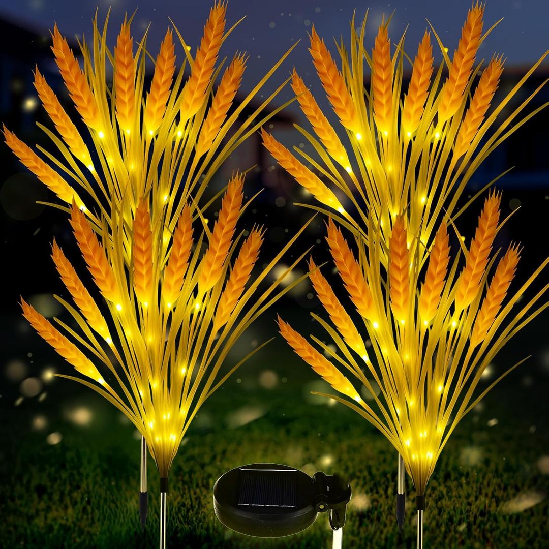 4 Pcs Thanksgiving Solar Lights Decorative Fall Outdoor Garden Autumn Solar Flowers Lights with 28 Realistic Wheat Ears Waterproof Decor for Yard Pathway Lawn Patio Garden Outdoor