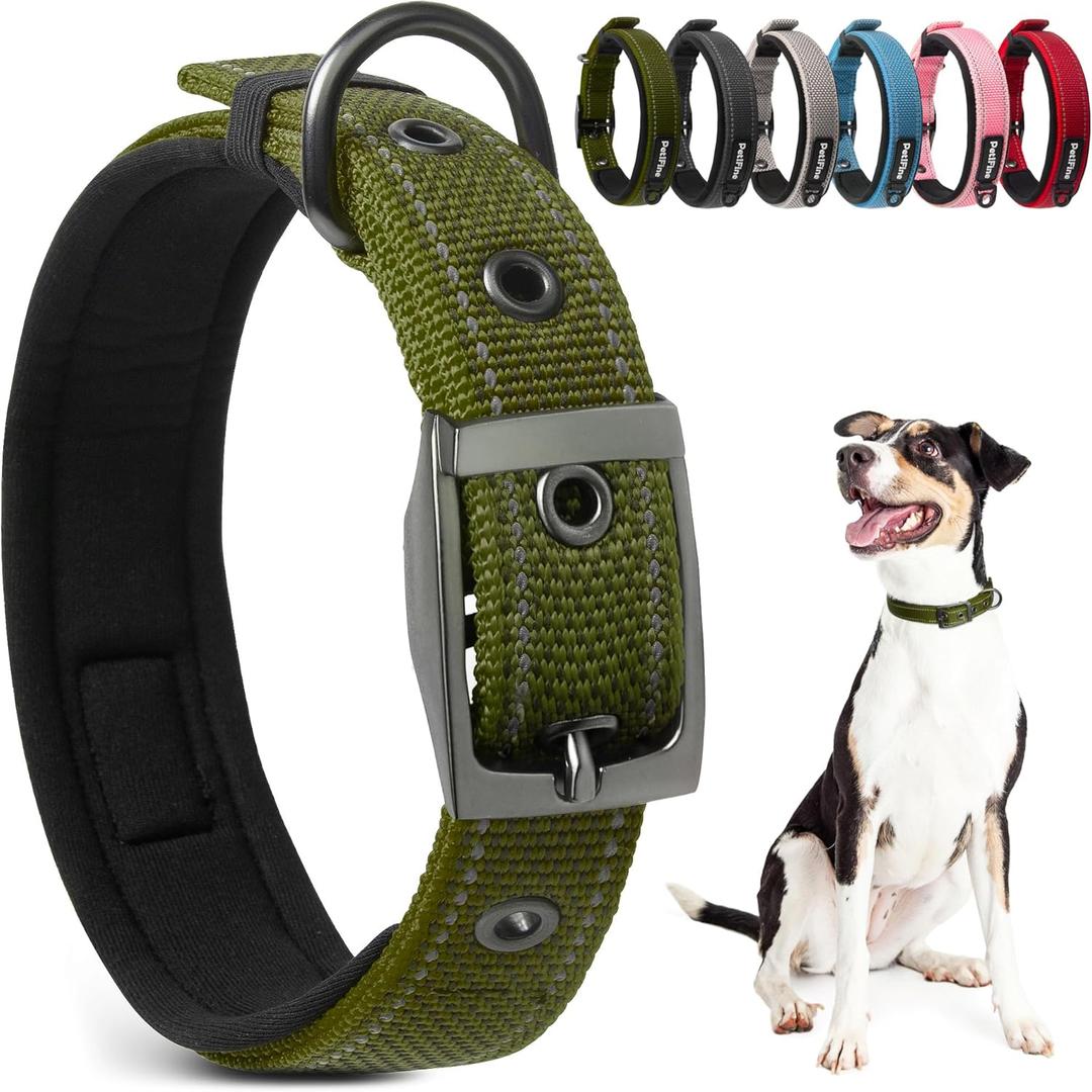 PetiFine Dog Collars for Medium Dogs, Neoprene Padded and Adjustable, Reflective Wide Heavy Duty Pet Collars with Durable Metal Belt Buckle for Walking, Green, M (Medium(14.5"-19"))