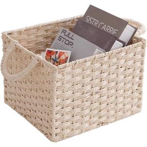 Woven Baskets for Storage, Rectangular Wicker Storage Basket with Handles, Metal Frame, Washable Waterproof, Woven Basket for Pantry, Toilet, Bathroom, Bedroom, Patio (Pack Of 2)