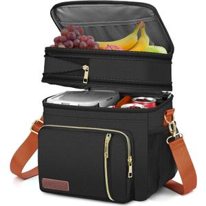 MIYCOO Lunch Bag & Lunch Box for Women Men, Double Deck Leakproof Insulated Soft Large Adult Camping Cooler bag for Work, Beach, Picnic, Travel (Black Orange, 15L)