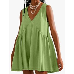 OPCAKM Women's V Neck Sleeveless Mini Dress Loose Summer Pleated Swing Flowy Sundress M