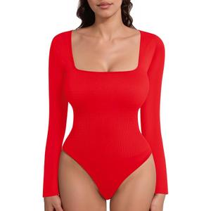 MANGOPOP Shapewear Bodysuit for Women Tummy Control Sexy Square Neck Long Sleeve Thong Ribbed Seamless Body Suit Top
 (Small, Red)