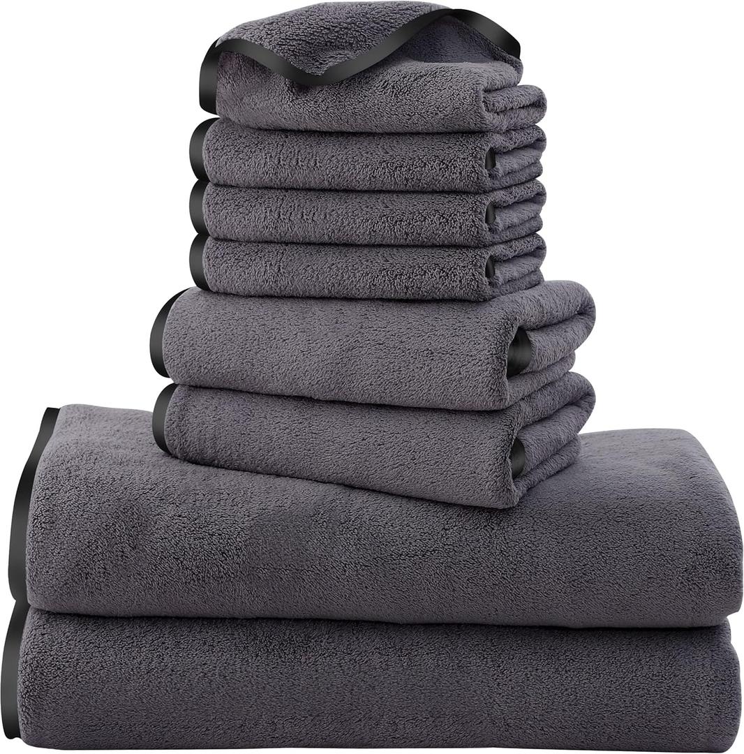 Cosy Family Microfiber 8-Piece Towel Set, 2 Bath Towels, 2 Hand Towels, and 4 Wash Cloths, Ultra Soft Highly Absorbent Towels for Bathroom, Gym, Hotel, Beach and Spa (Dark Grey)