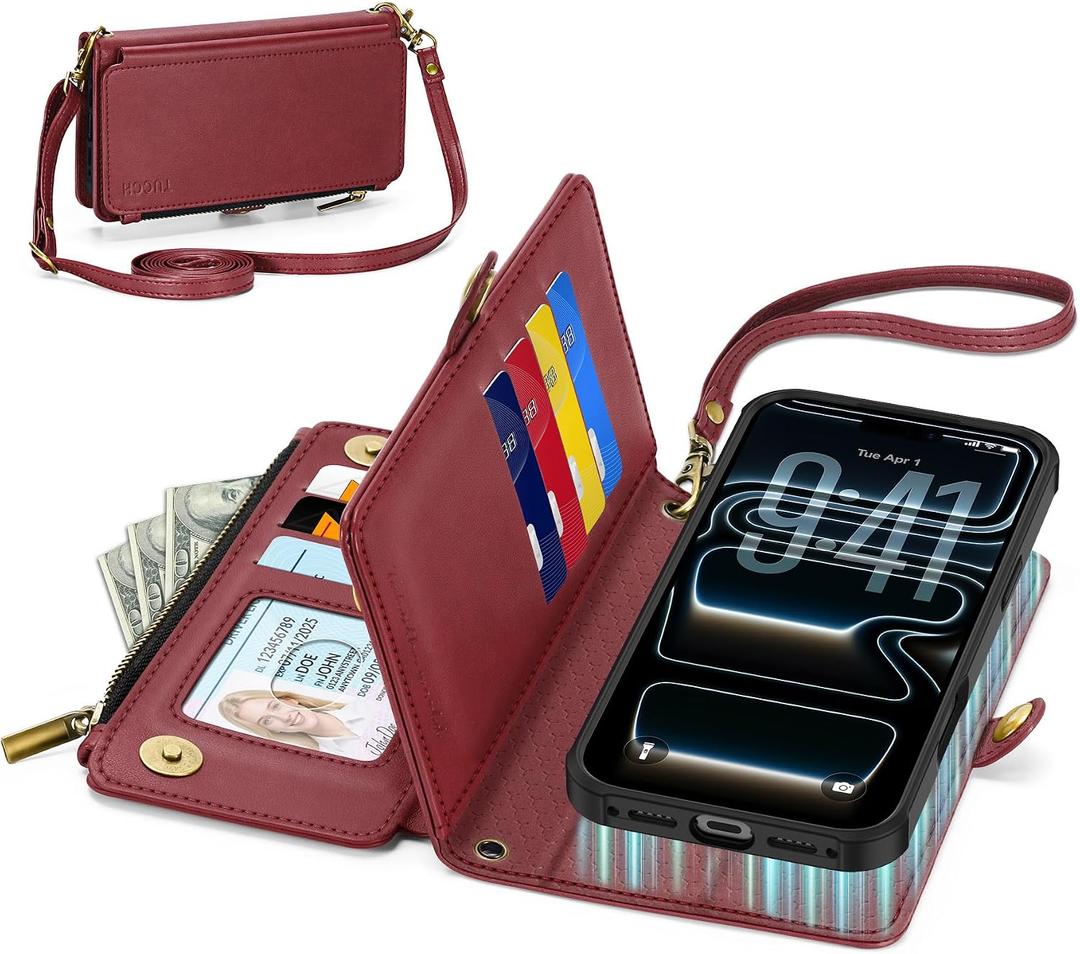 TUCCH Detachable Crossbody Case Wallet for iPhone 17 Pro Max 6.9", Wireless Charging | RFID Blocking 10 Card Holder | Lanyard Wrist Strap | Stand | Zipper Pocket | PU Leather Magnetic Cover | Dark Red