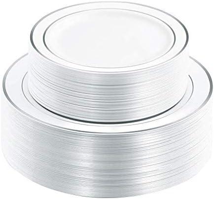 I00000 102pcs Silver Plastic Plates, Disposable Plastic Party Plates with White Silver Rim Fancy Wedding Party Plates Include 51 Dinner Plates 10.25" and 51 Dessert Appetizer Plates 7.5"