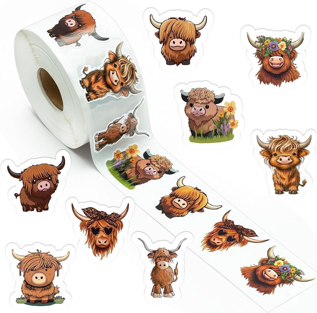 800Pcs Cute Highland Cow Roll Stickers 8 Style Cartoon Hyland Cattle Decals, Water Bottle Laptop Scrapbook Luggage Decor Incentive School Classroom Rewards Gift Party Favor Supplies