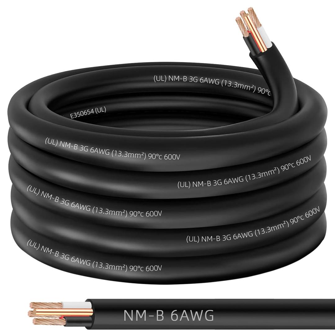 NM-B 6/3 Wire with Ground,25ft 6/3 NM-B Wire Copper 6 AWG 3 Conductor with Ground,Nonmetallic Sheathed NMB Cable,6-3 Residential Indoor Electrical Wiring for Branch Circuit Switche,Outlet,Other Load