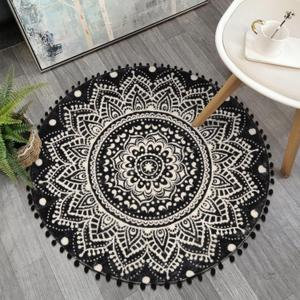 Uphome Boho Round Rug for Bedroom 3' Circle Mandala Black Bathroom Rug with Pom Poms Fringe Washable Circular Accent Throw Rugs Non-Slip Soft Floor Mat for Entryway Living Room Sofa Kids Room Nursery (2'7" (Round))