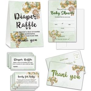 Baby Shower Cards Kit - We can Bearly Wait Set of 25 Baby Shower Invitations with Envelopes, Diaper Raffle Sign & Tickets, Thank You Postcards, Book Request Cards for Baby Shower - Watercolor Green