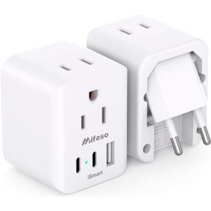 European Travel Plug Adapter, Foldable International Power Plug Adapter with 2 AC Outlets 3 USB Charging Ports(2 USB C), Type C Plug Adapter Travel Essentials, 1 Pack