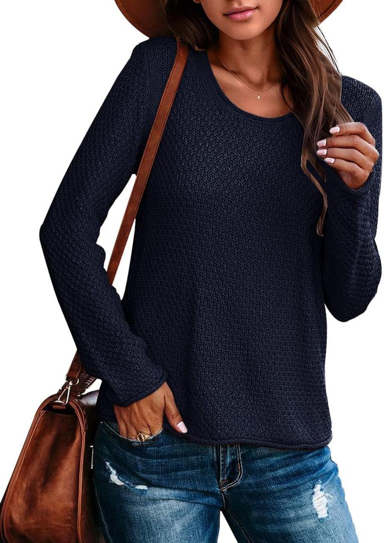 Ebifin Women's Crew Neck Pullover Sweater Solid Color Casual Warm Lightweight Knit Sweaters (X-Large, 1-navy Blue)