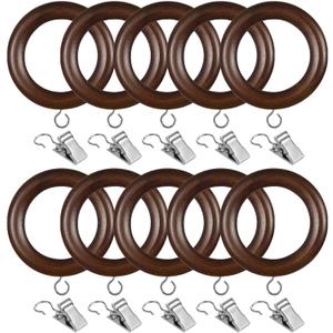 24 Pcs Wooden Curtain Rings, Curtain Rod Rings, Curtain Rings with Clips, Compatible with 1 Inch Rod, Brown Walnut, 1.7 Inch Inner