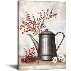 CCKOPPI Farmhouse Canvas Wall Art - Coffee Pot and Daisies with Red Berries Painting Poster Countryside Farmhouse Floral Picture Print for Dining Room Kitchen Decor(Artwork-03, 12"x18")