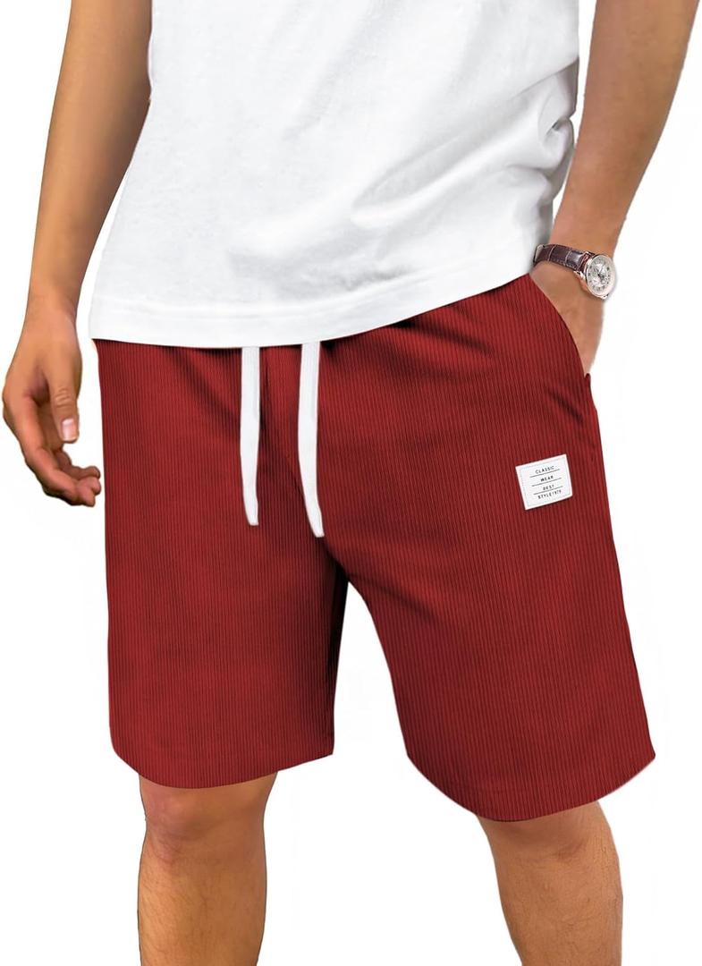 Men's Corduroy Shorts Casual Elastic Drawstring Lightweight Summer Beach Shorts with Pockets (Red, M)