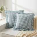 KKJIAF Ruffle Gingham Pillow Covers 20 x 20 Inches, Cotton Gingham Pillow Cases Set of 2, Linen Feel Ruffled Plaid Pillow Shams with Envelope Closure for Sofa Bed (Dusty Blue Plaid)