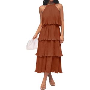 ZESICA Women's 2026 Summer Sleeveless Halter Neck Ruffle Tiered Layed Chiffon Flowy Swing Long Midi Dress (Brown, L)