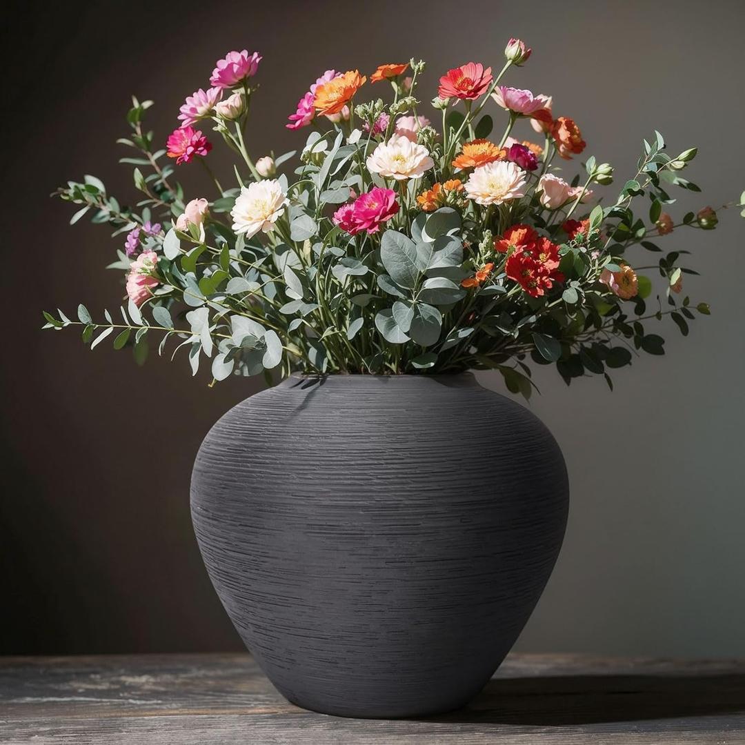 Rustic Black Ceramic Vase with Textured Finish, Large Round Terracotta Vases for Farmhouse Home Decoration, Wide Mouth Vintage Pottery Vases for Living Room, Kitchen, Table Centerpieces (Small)