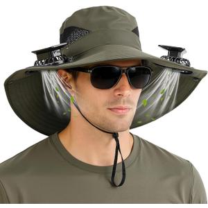 Hat with Fans Solar Power, UPF 50+ Wide Brim Sun Hat, Fishing Essentials for Hiking Beach Summer Safari (Green)