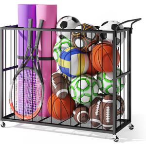 Homsorout Ball Storage Bin Rolling Sports Ball Cart, Metal Garage Organizer Sport Rack, Ball Basket Storage, Ball Cage for Garage or Gym, Indoor & Outdoor Sports Equipment Organizer (Black)