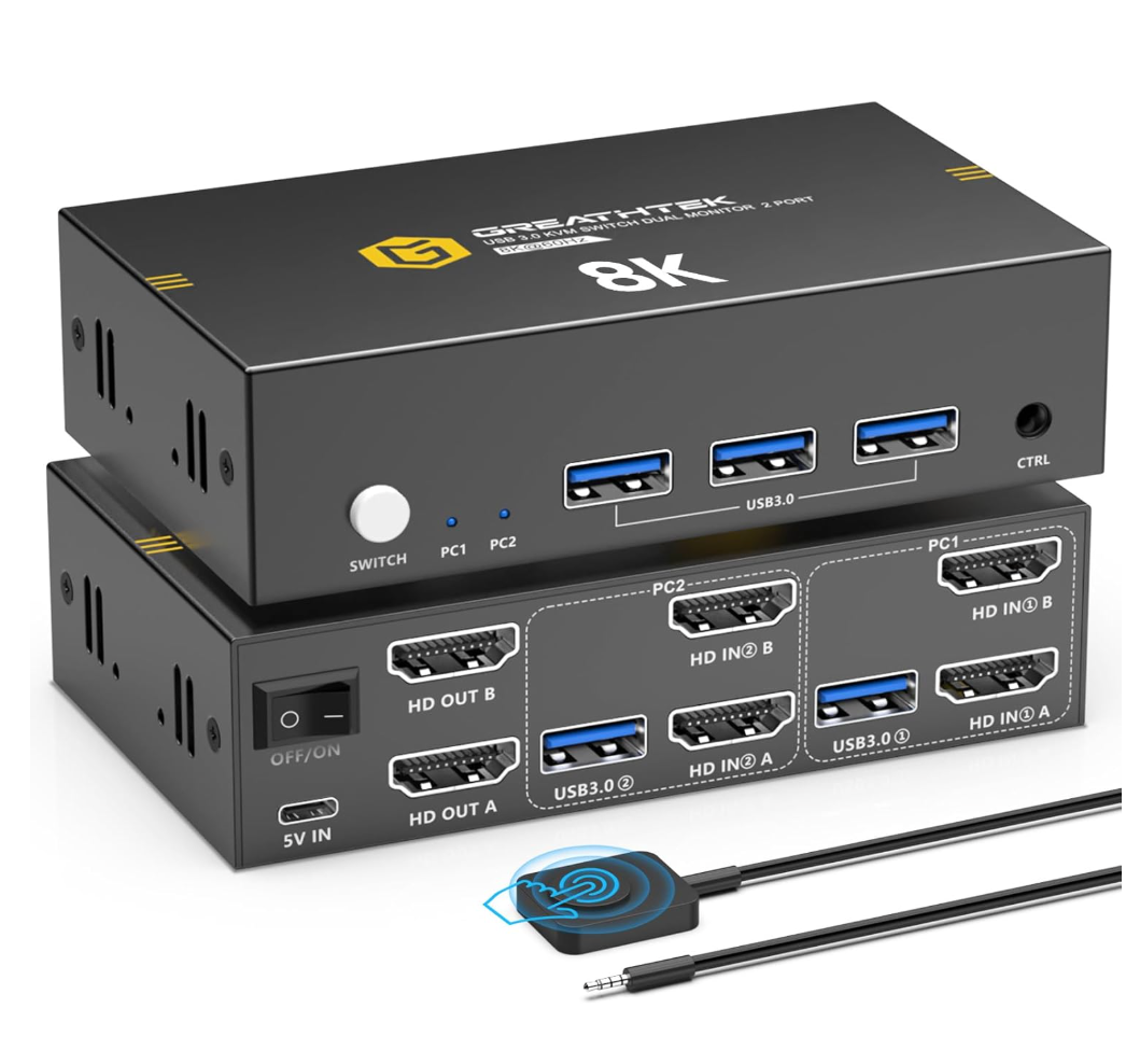 8K HDMI KVM Switch 2 Computers 1 Monitor,USB3.0 8K@60HZ 2 Port kvm Switcher for 1 PC/Laptop to Share Keyboard&Mouse,Remoto Control,EDID Supported