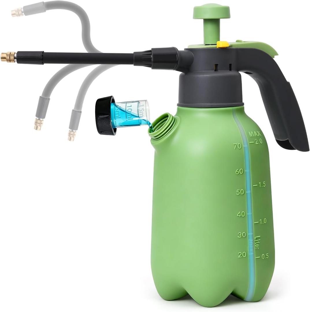 T4U 1/2 Gallon Pump Sprayer with Flexible Adjustable Nozzle, PP Hand Pump Pressure Sprayer with Built-in Measuring Cup for Home Garden Plant Care and Household Cleaning, Indoor & Outdoor Use