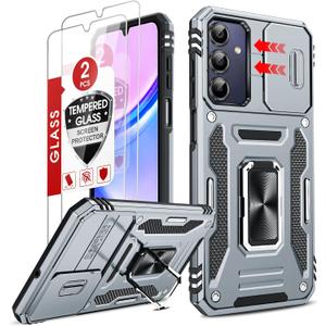 LeYi Compatible for Samsung Phone Case Galaxy A15 5G : A15 5G Screen Protector [2 Packs] & Magnetic Kickstand, Dual Layer Cell Protective para Mobile Smart Teléfono Galaxy A15 5G Phone Case Cute, Grey