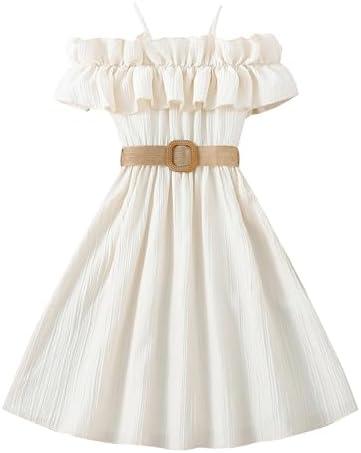 Happy Cherry Girls Cold Shoulder Midi Dress Ruffle Trim Short Sleeve Belted A Line Sundress for Summer Beach