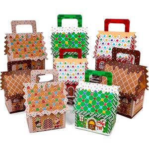 HOWAF 24Pcs Christmas Kraft Paper Gift Boxes, Candy House Shape Treat Boxes with Handle Xmas Gingerbread House Candy Boxes for Christmas Birthday Winter Holiday Party Supplies Favor Decorations