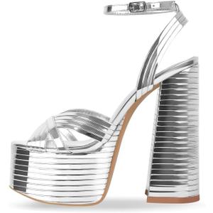Onlymaker Platform Heels for Women Ankle Strap Chunky High Heel Sandals (8, Silver)