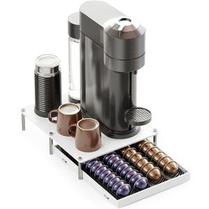 SpaceAid Bamboo Coffee Pod Holder Drawer Storage Compatible with Nespresso Vertuo Capsules, Coffee Station Accessories Holder Organizer Tray Compatible with 40 Big or 56 Small Pods, White