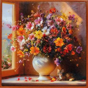 3D Textured Floral Canvas Wall Art  Nature Poster and Print, Vibrant Flowers & Cat Design, Waterproof & Framed Home Decor for Living Room, Bedroom, Office or Gift. (Flowers and a fluffy kitten)