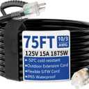 75ft Outdoor/Indoor Extension Cord with Lighted 10/3 Gauge Ultra 3 Prong Heavy Duty SJTW, Waterproof, Flexible Cold-Resistant,15A 125V 1875W, Black