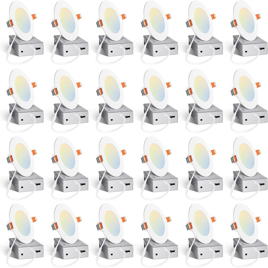 Amico 24 Pack 4 Inch 5CCT Ultra-Thin LED Recessed Ceiling Light with Junction Box, 2700K/3000K/3500K/4000K/5000K Selectable, 10W Eqv 60W, Dimmable Can Light, 800LM High Brightness Downlight - ETL&FCC