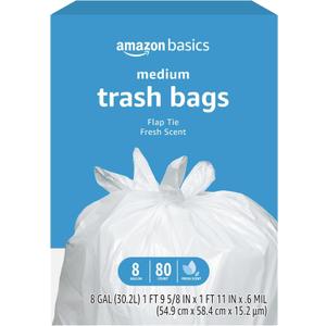 Amazon Basics 8 Gallon Flap Tie Trash Bags, 80 Count Fresh Scent
