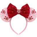 Christams Mouse Ears Headband for Women, Red Bows Spiral Beads Pink Hairband Christams Party Favors
