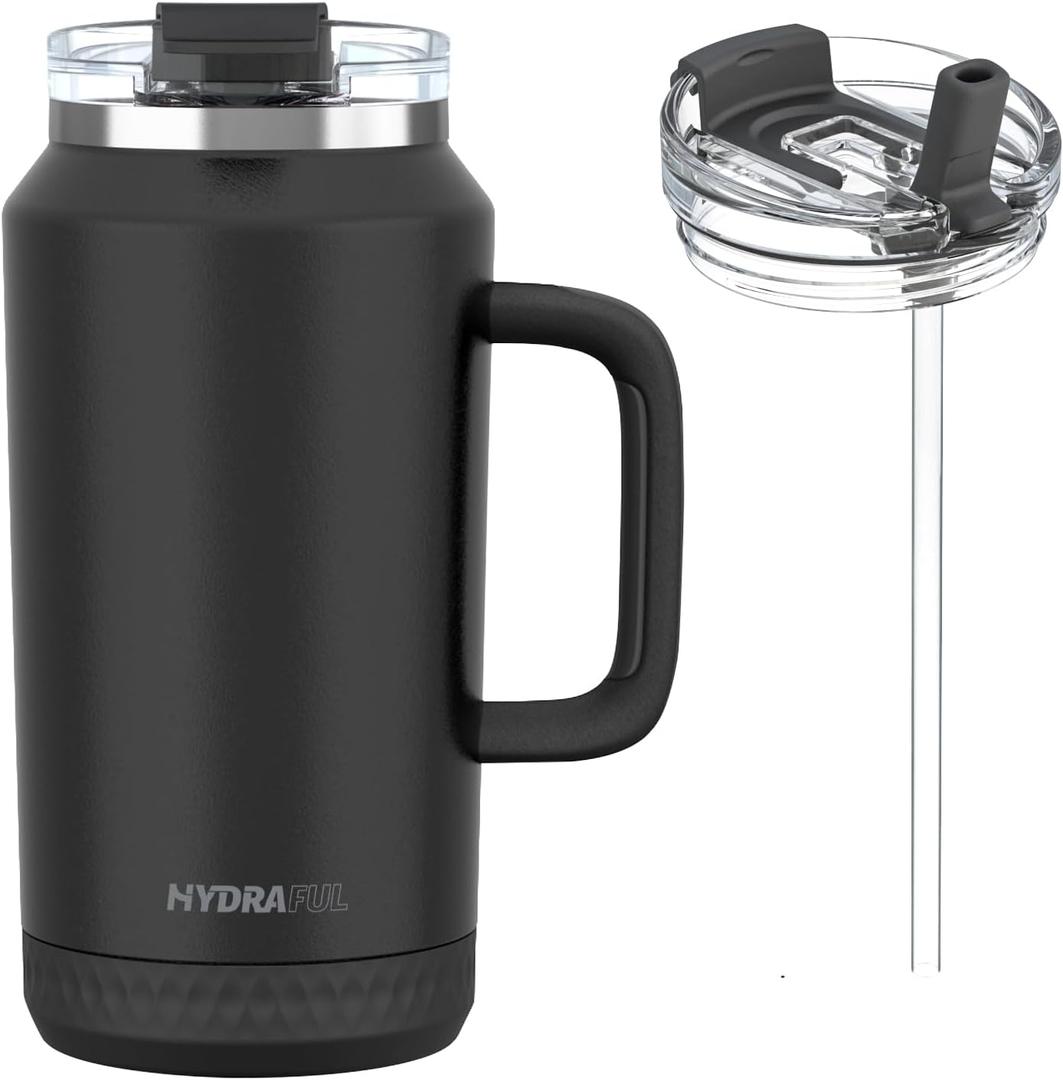Hydraful 64 oz Tumbler with Handle and Straw - 100% Leak-Proof - Insulated Cup Reusable Stainless Steel Large Water Bottle Travel Mug for Gym, Hiking, and Camping - Gifts for Women Men Him Her (Black)