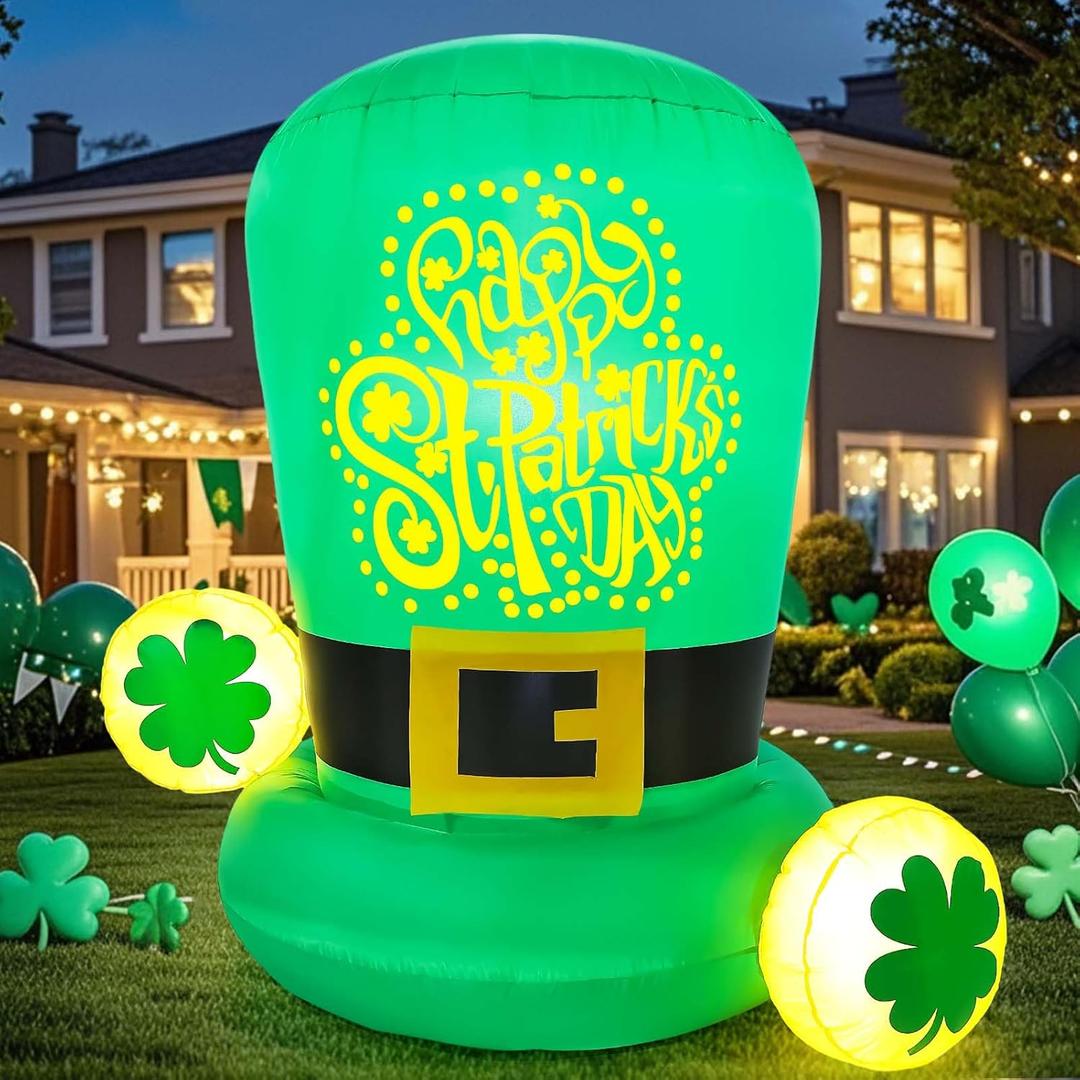 5FT St Patricks Day Inflatables Outdoor Decorations Car Roof Decoration Blow Up Leprechaun Hat Decor with Built-in LED Lights for Vehicle Yard Lawn Garden Outside Indoor Holiday Party