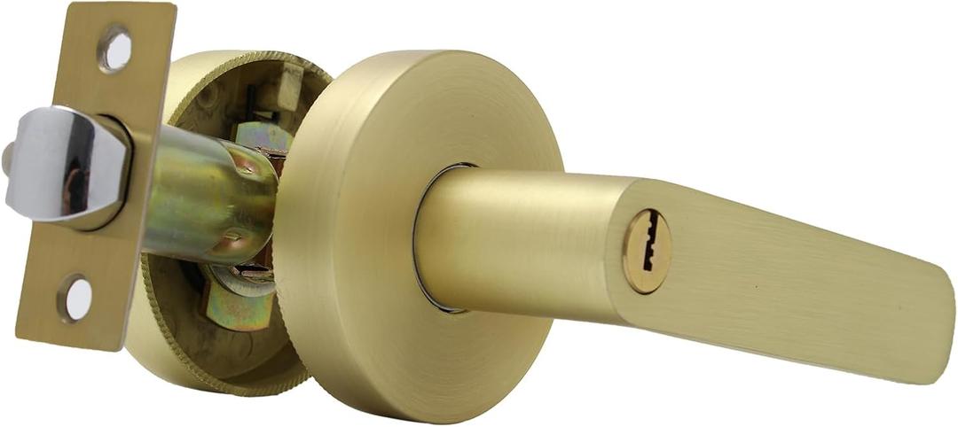 Brushed Gold Interior Handle with 3 Keys, Interior Gold Privacy Lever for Bedroom & Bathroom, Reversible Left/Right, Easy 510 Min DIY Installation, Heavy-Duty Build, 1 Pack