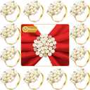 12 Pcs Gold Napkin Rings Pearls Flower Napkin Buckles Rhinestone Bling Round Holders for Easter Holiday Wedding Banquet Home Party Dining Table Decoration